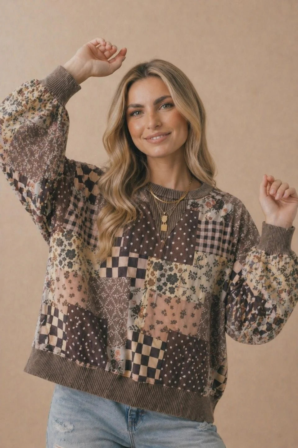 Brown Vintage Patchwork Crewneck Pullover