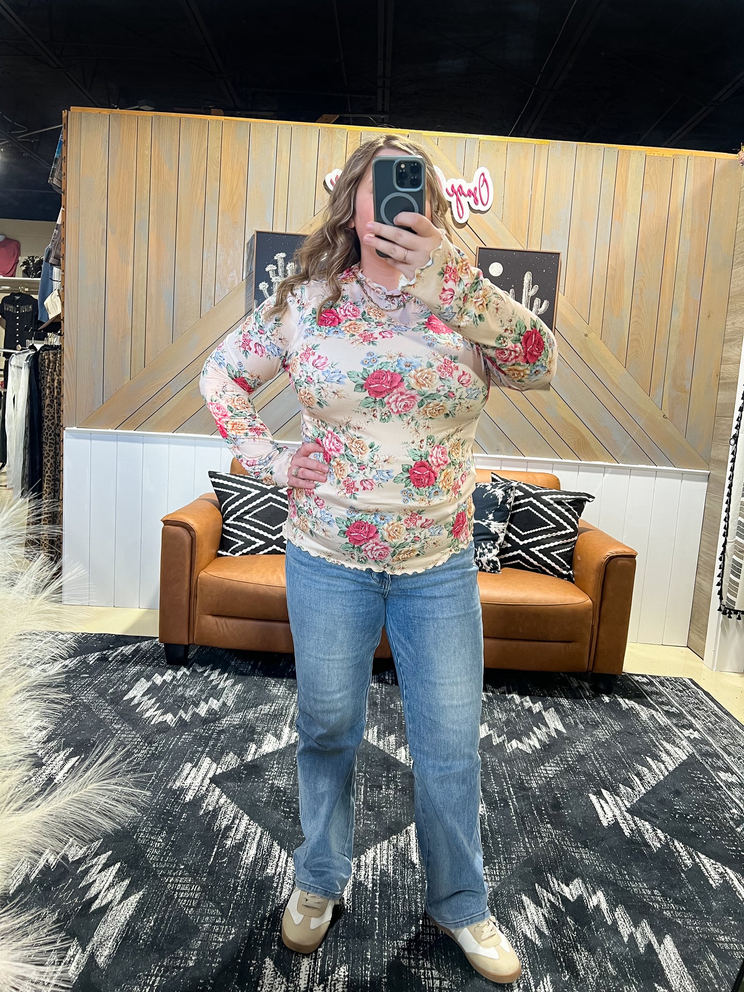 Oatmeal Floral Mock Neck Long Sleeve Top