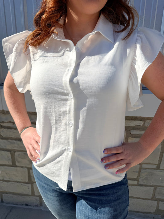 White Ruffle Sleeve Button Down Top