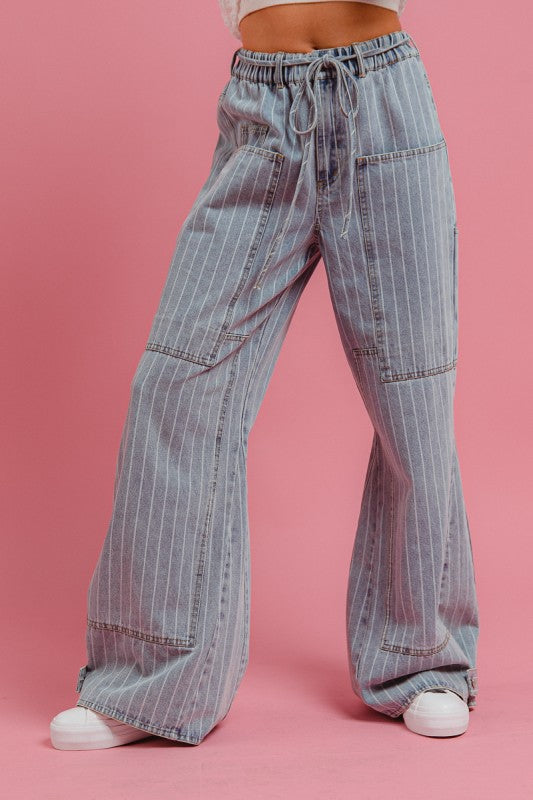 Vintage Striped Cargo Wide Leg Denim Pants