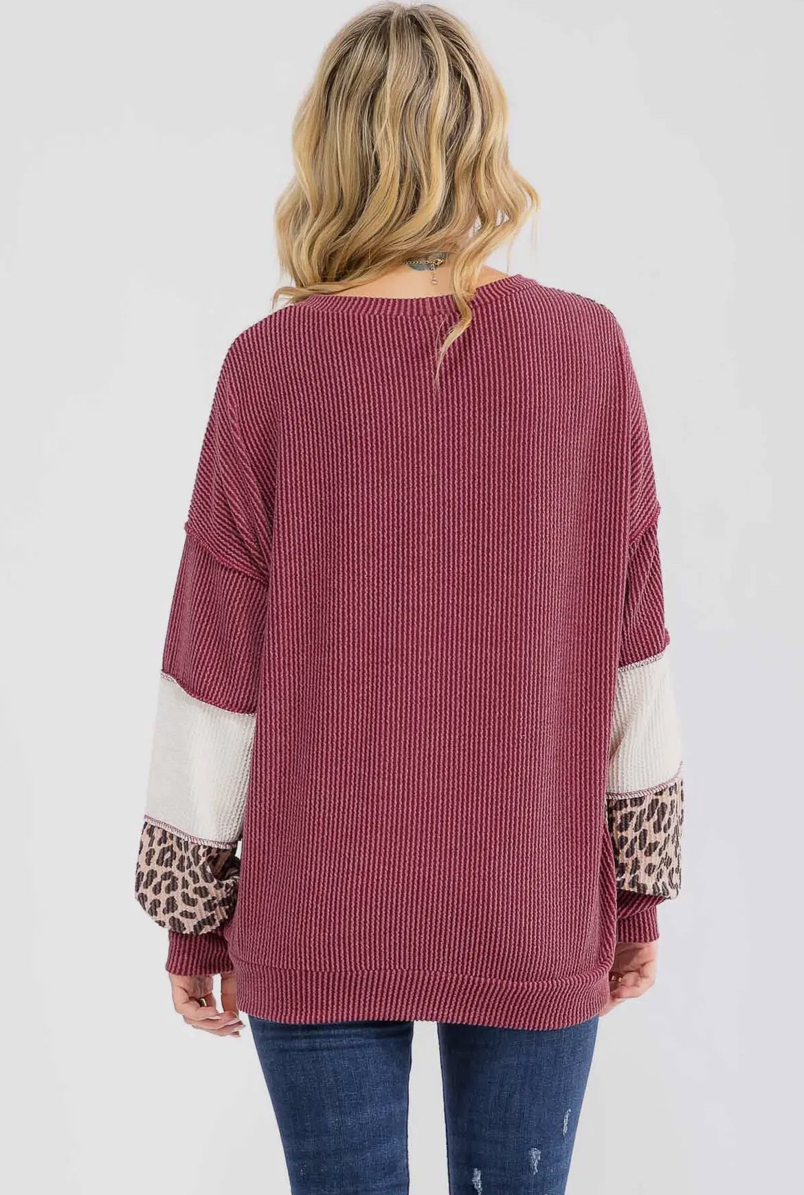 Burgundy + Cheetah Ribbed Colorblock Long Sleeve Top
