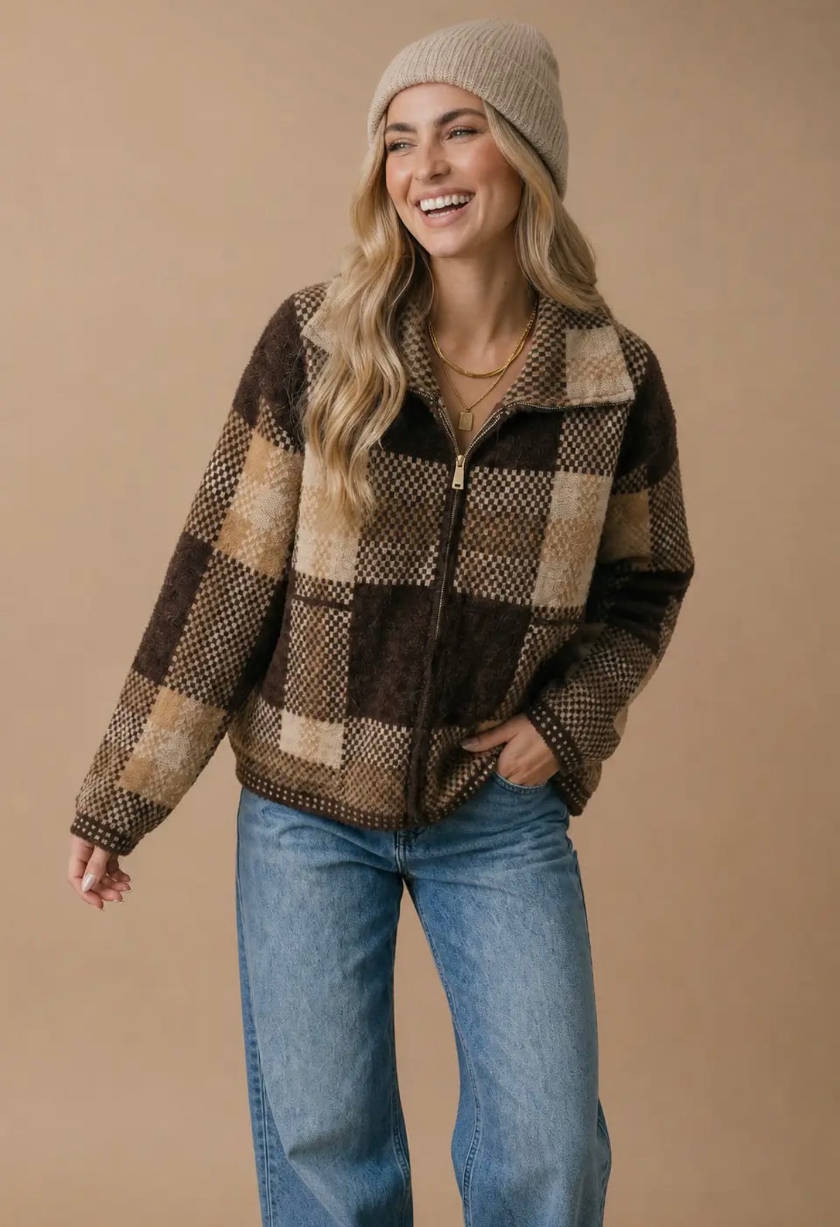 Brown Plaid Zip Front Jacket