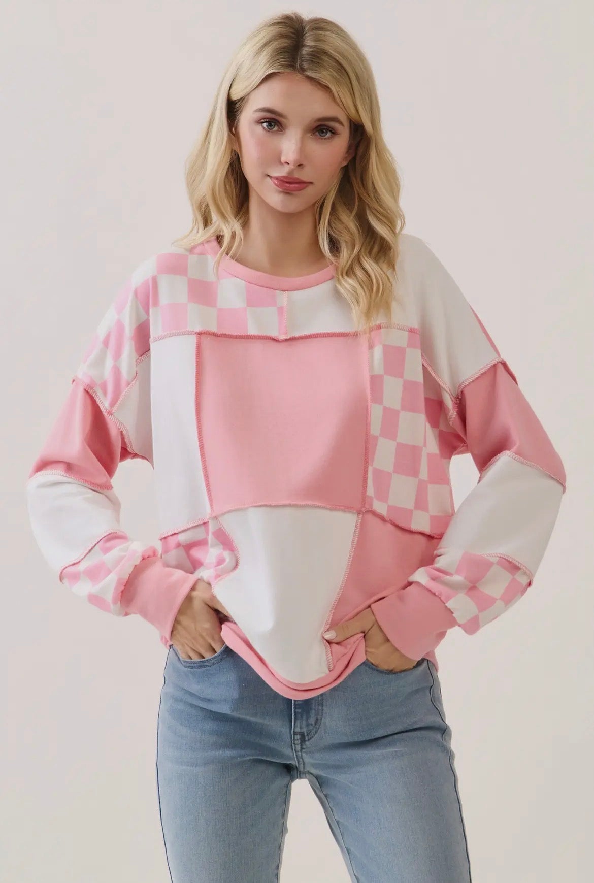 X-LARGE Pink Checkered Color Block Long Sleeve Top