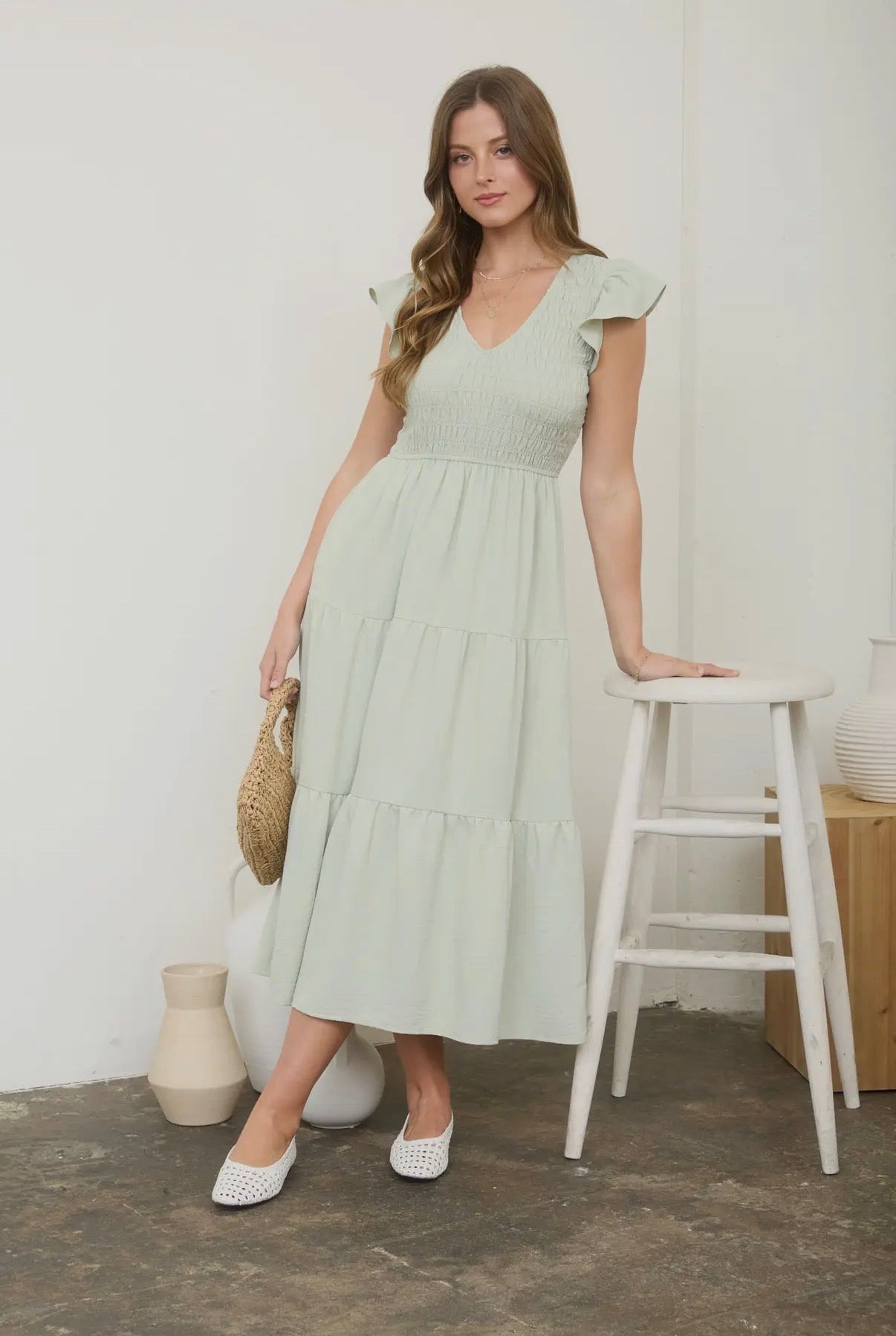 Sage Smocked Flutter Sleeve Midi Dress