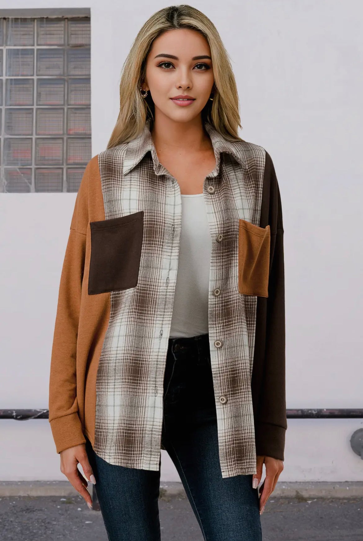 Coffee Plaid Color Block Shacket