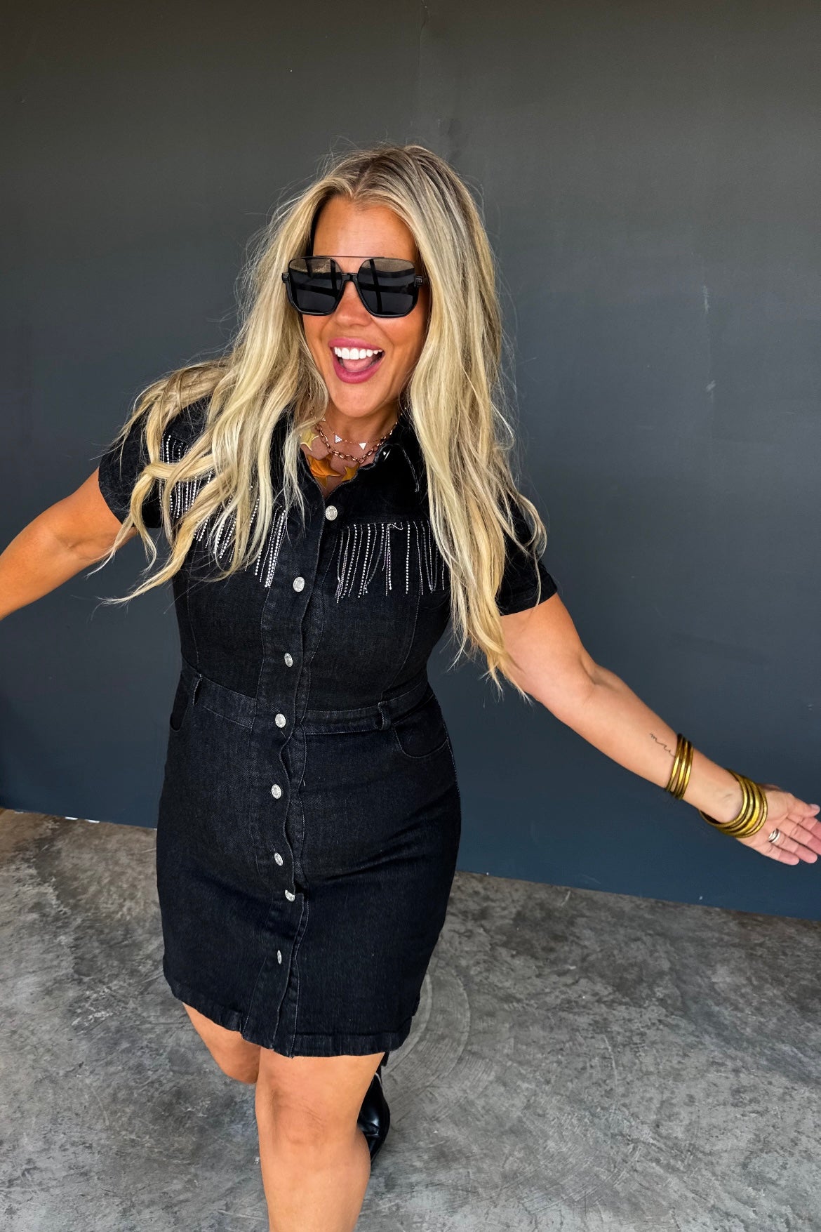 MEDIUM Black Rhinestone Rebel Denim Dress