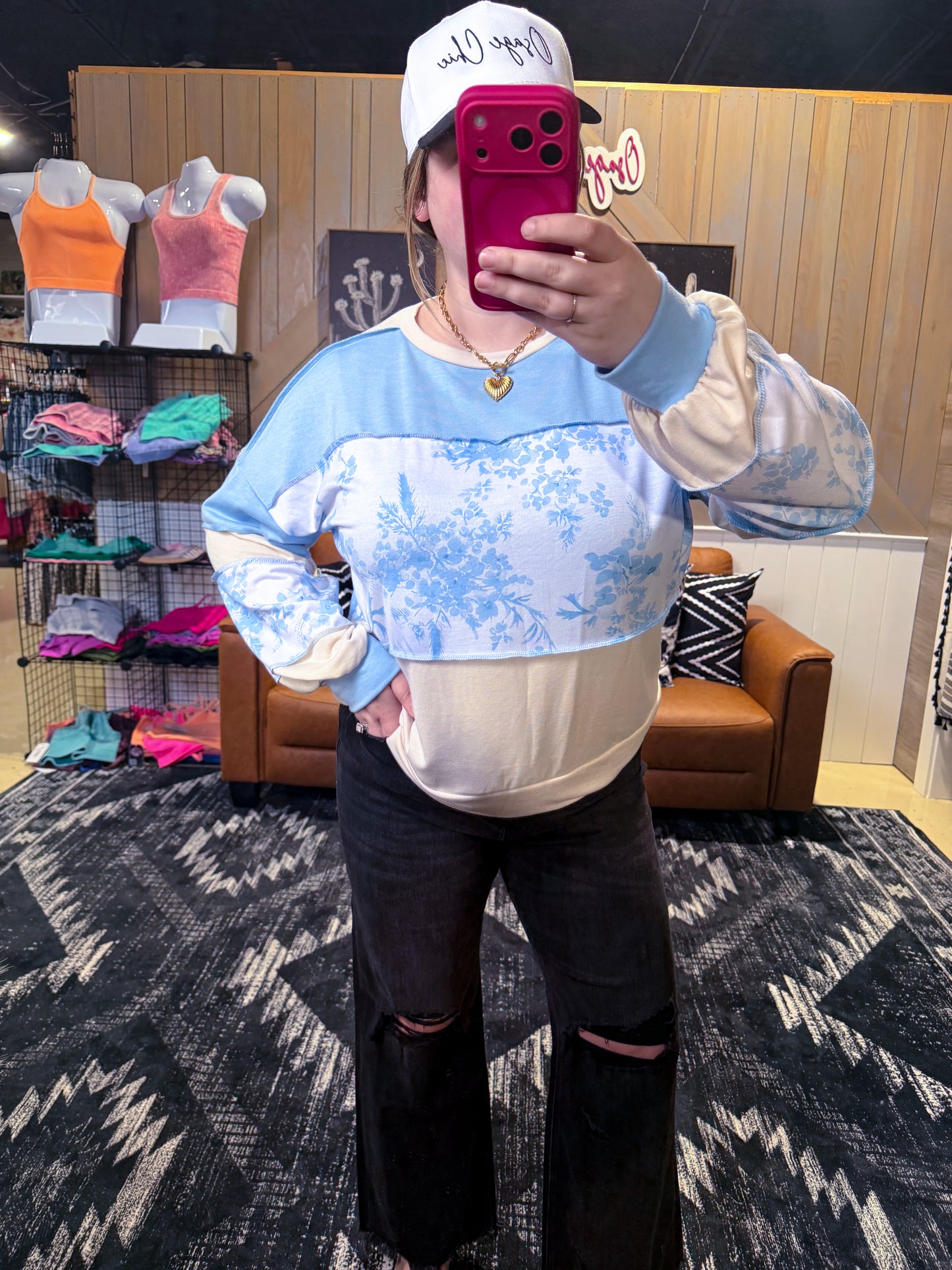 Light Blue Floral Color Block Long Sleeve Top