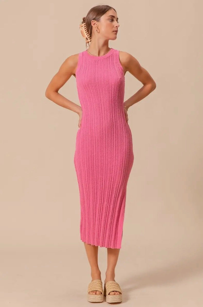 Pink Ribbed Knit Midi Dress