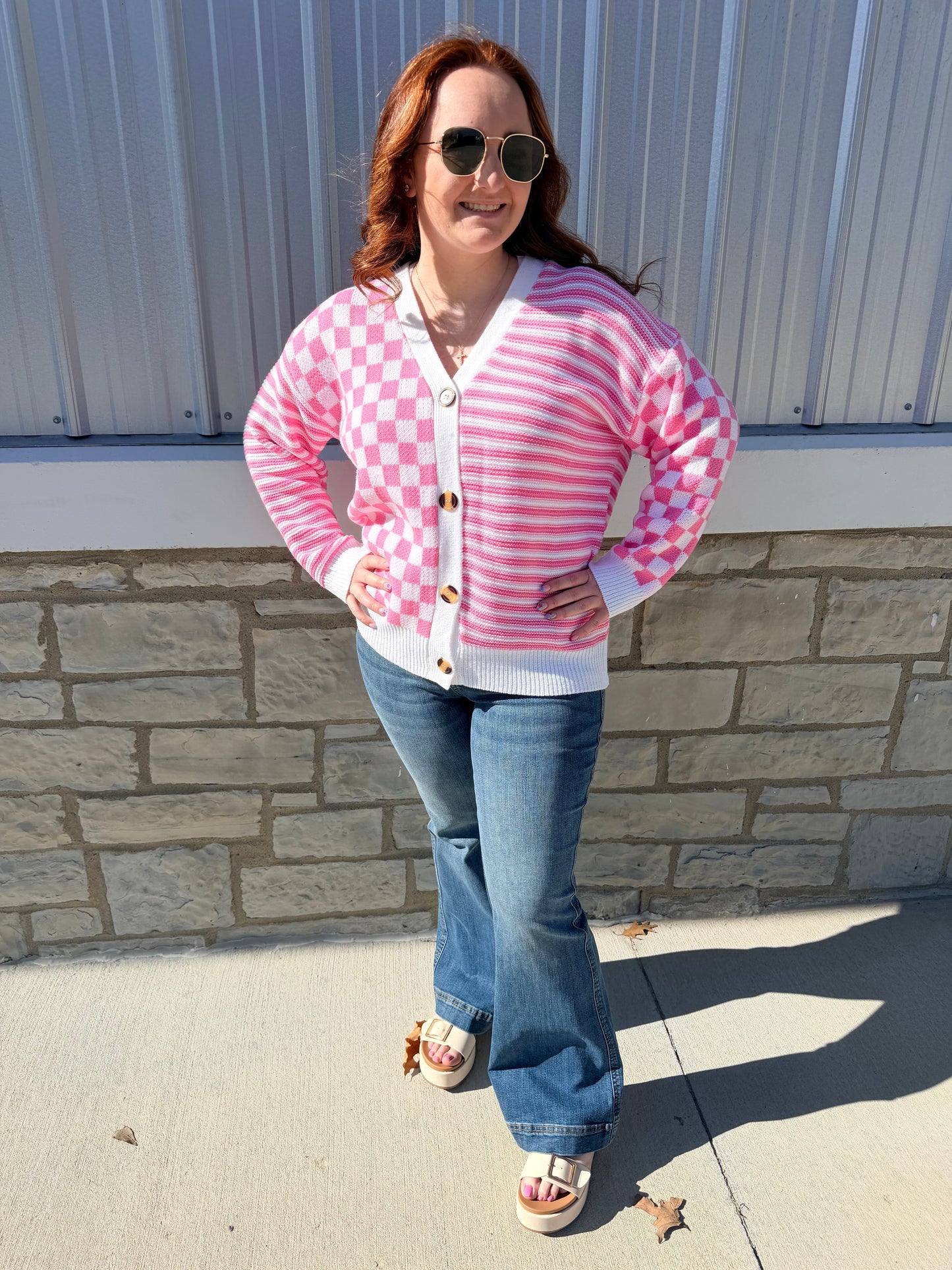 Pink Checkered + Stripes Button Cardigan