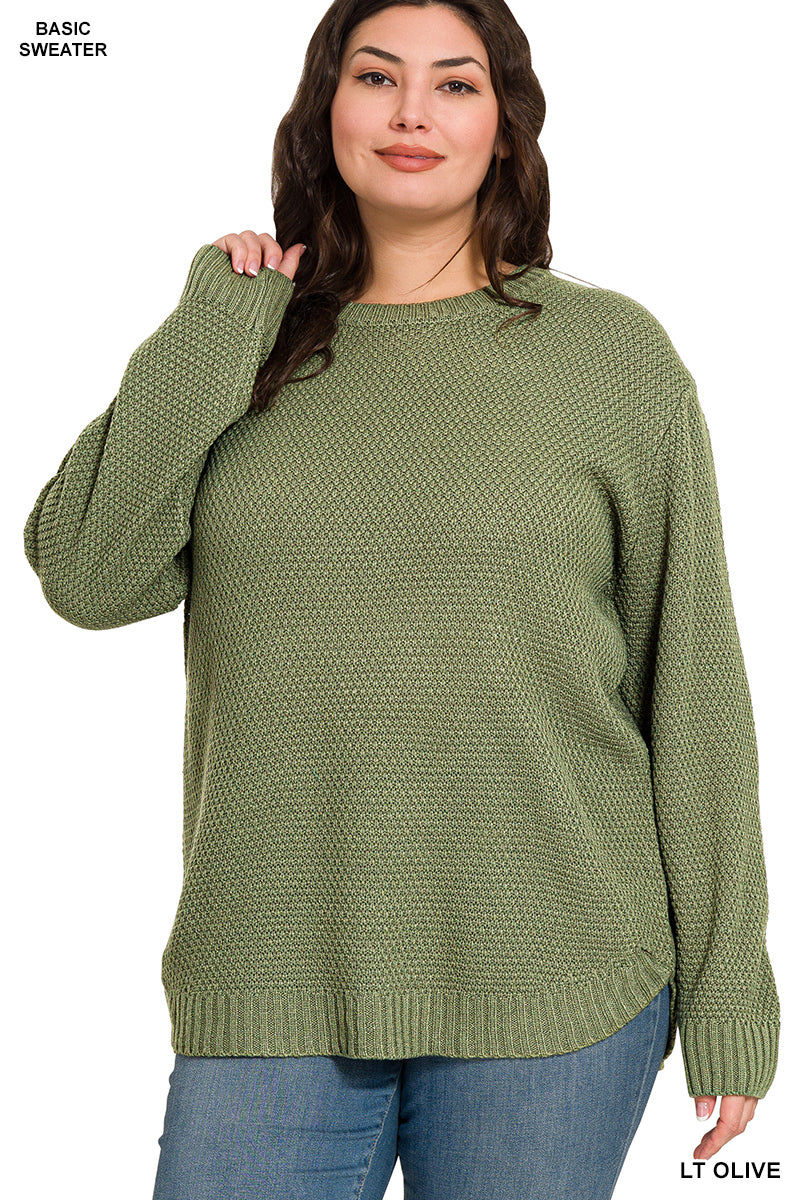 Light Olive Round Neck Waffle Knit Sweater