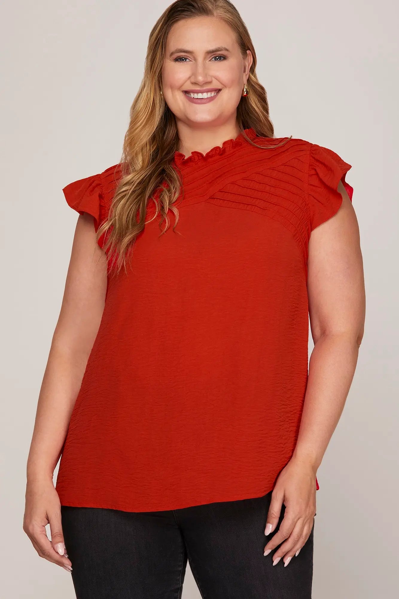 Red Ruffle Detail Pintuck Top