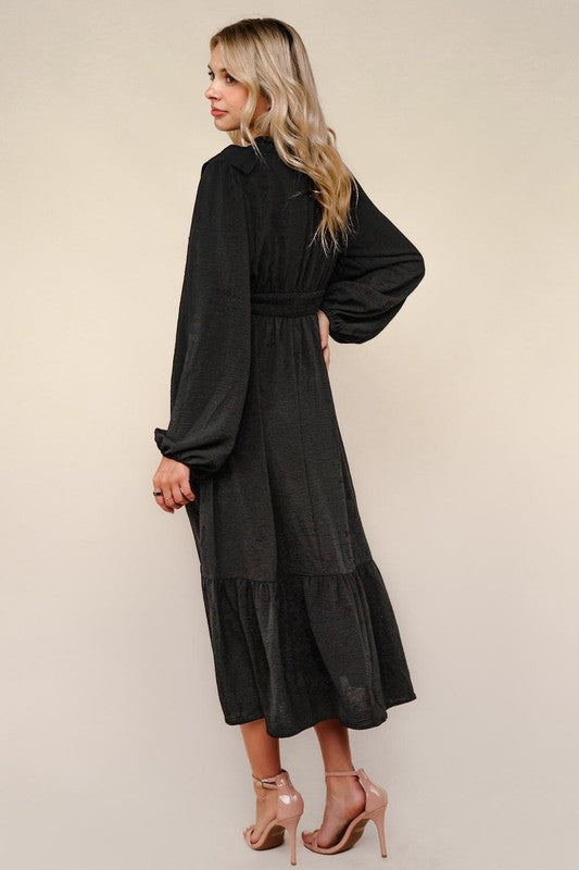 Black Ruffle V-Neck Long Sleeve Dress
