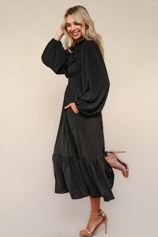 Black Ruffle V-Neck Long Sleeve Dress