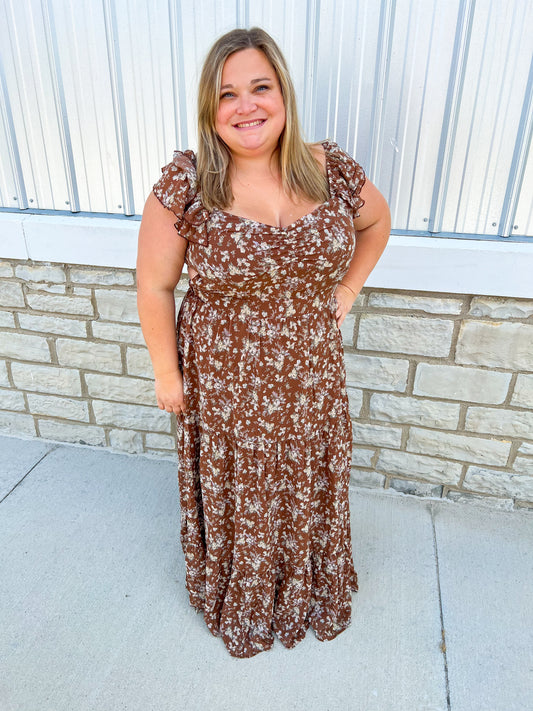 Mocha Floral Ruffle Sleeve Tiered Maxi Dress