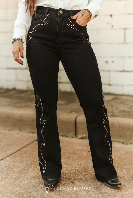 Black Boot Stitch Studded High Rise Bootcut Jeans