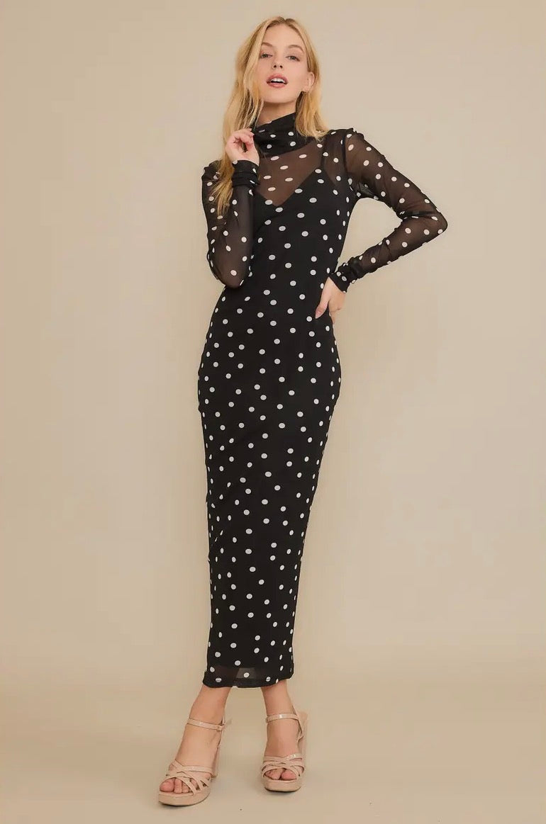 Black Polka Dot Mesh Long Sleeve Dress