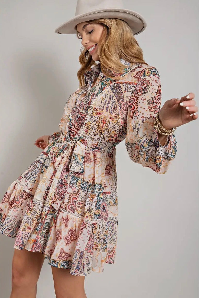 Pretty Paisley Long Sleeve Button Down Shirt Dress