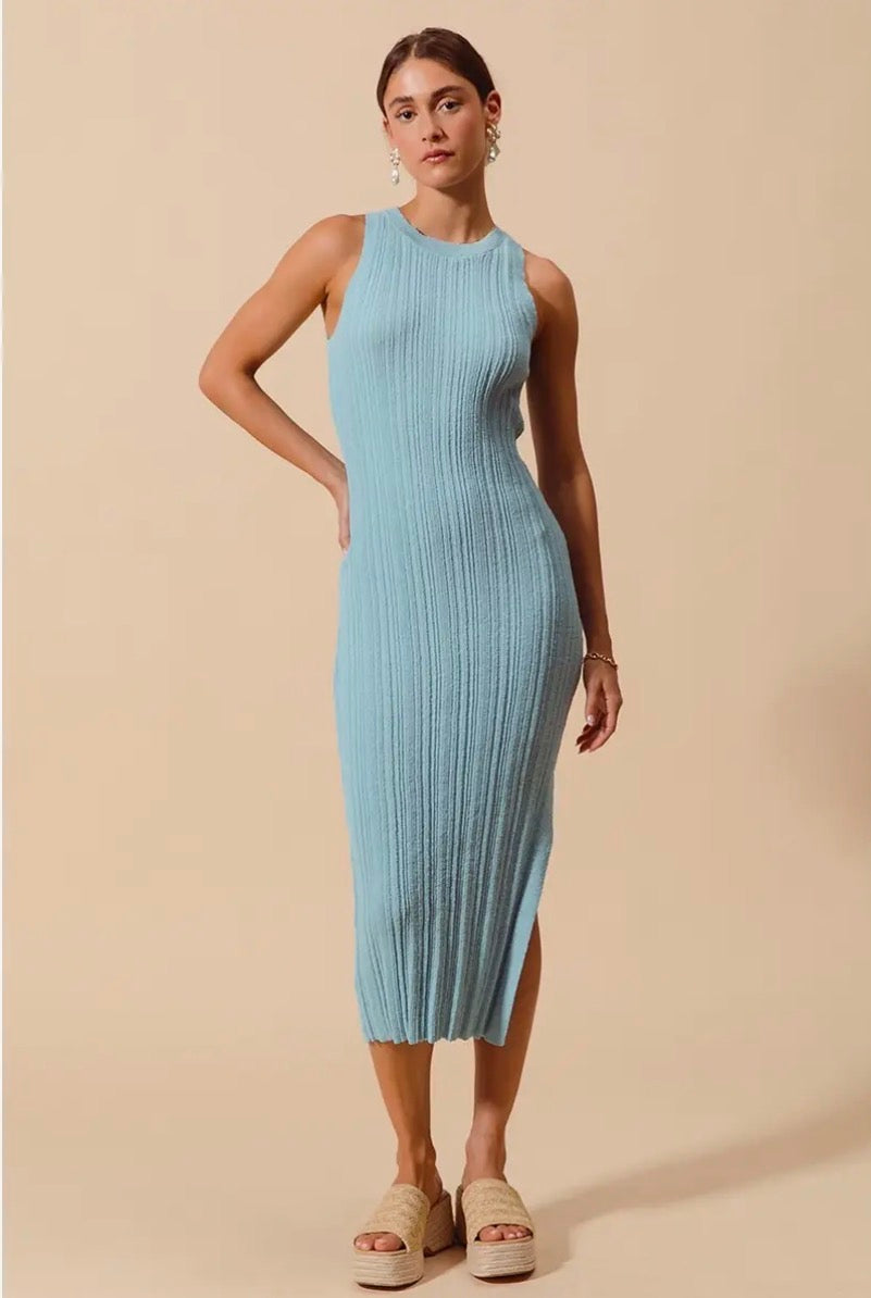 Light Blue Ribbed Knit Midi Dress