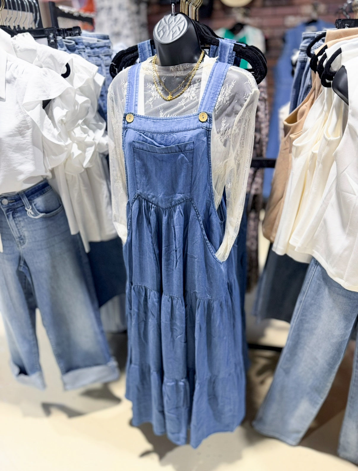 Denim Chambray Overall Tiered Dress