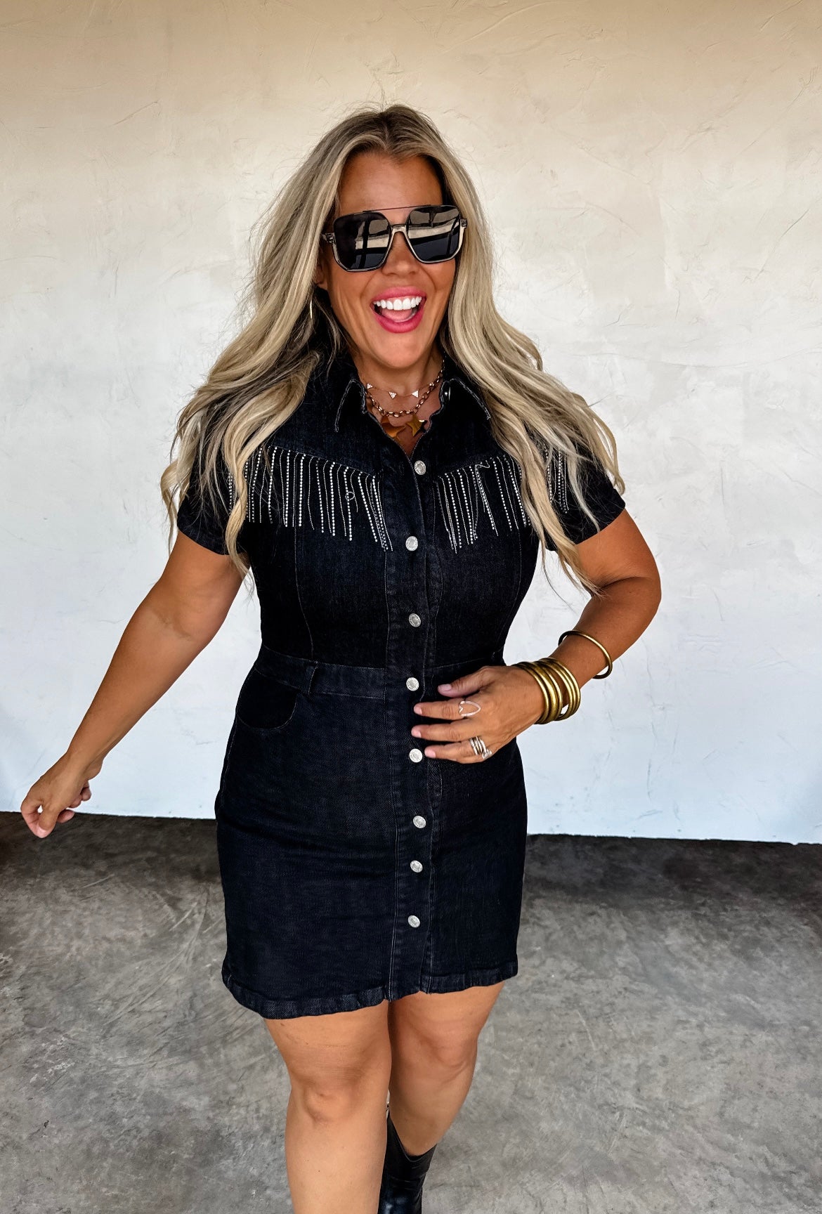 MEDIUM Black Rhinestone Rebel Denim Dress – Osage Chic Boutique