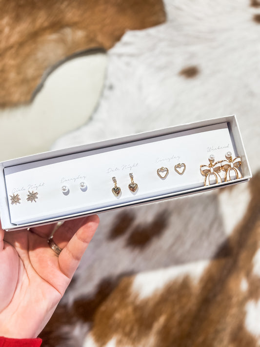 Gold Bows & Hearts Stud Earrings Set #1