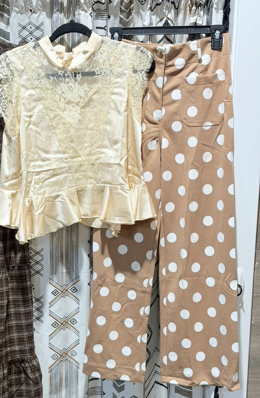 Camel Polka Dot High Rise Wide Leg Pants