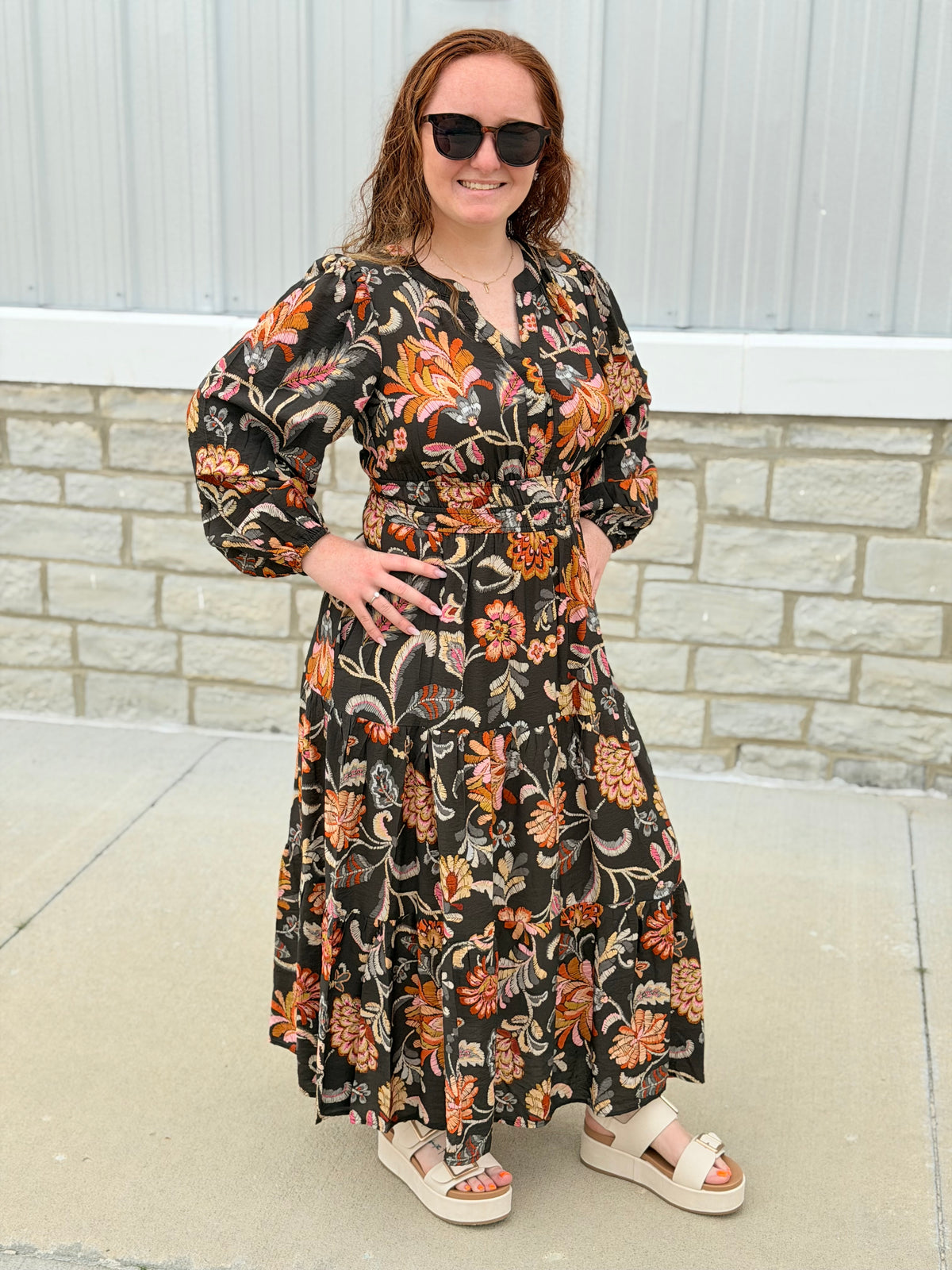 Charcoal Boho Floral Long Sleeve Maxi Dress
