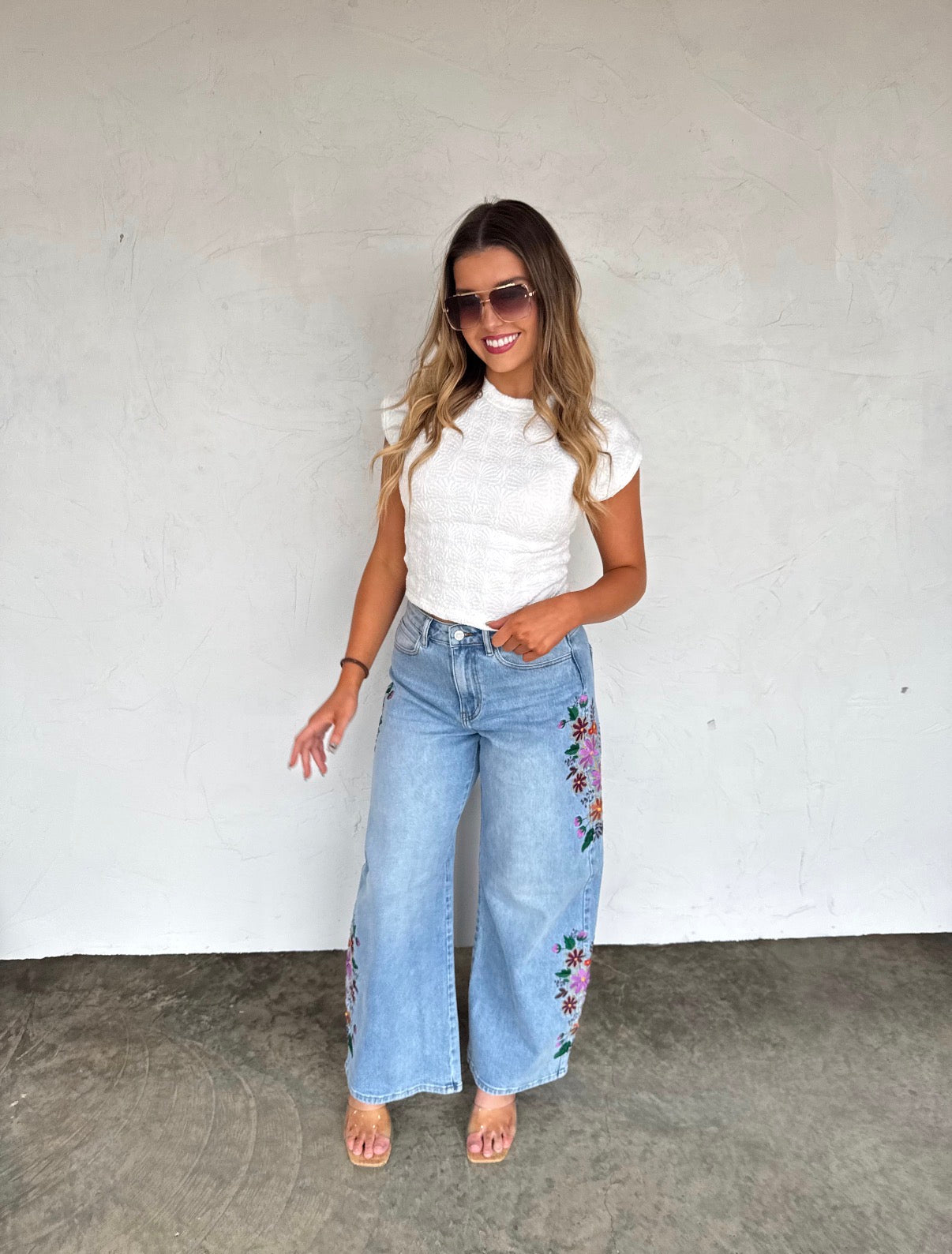 Blakeley Evie Floral Embroidered Wide Leg Jeans