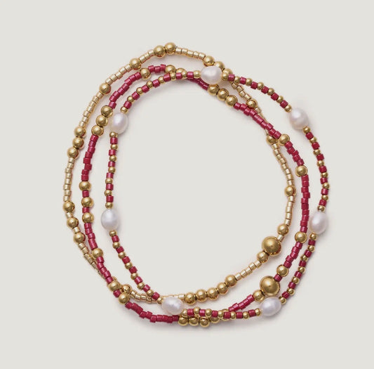 Gold + Ruby Beaded Stretch Bracelet Set