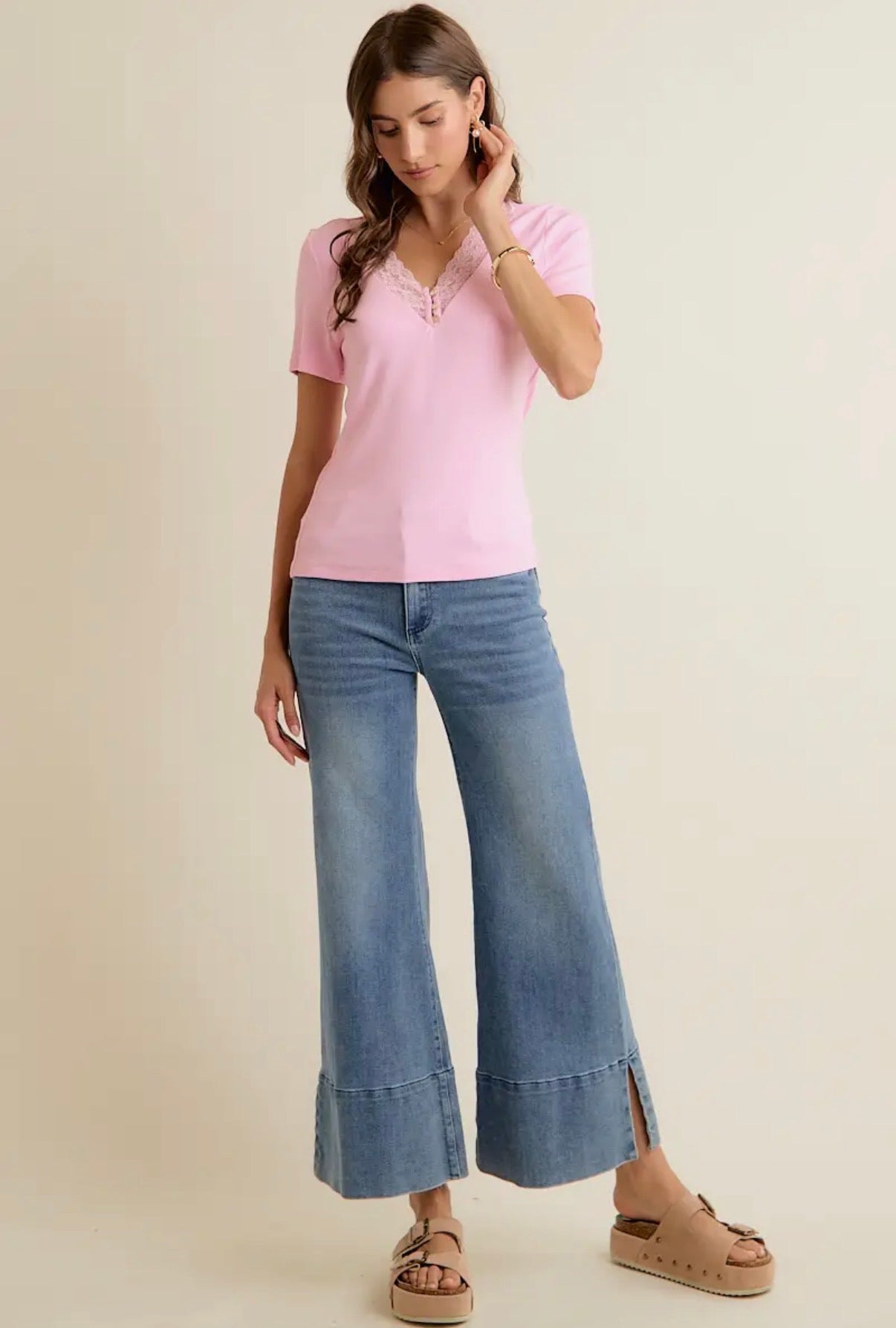Blush Pink Lace Detail Ribbed Top