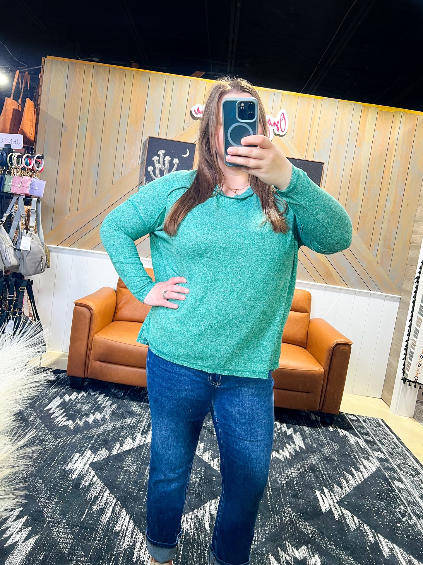 Green Melange Hacci Exposed Seam Top