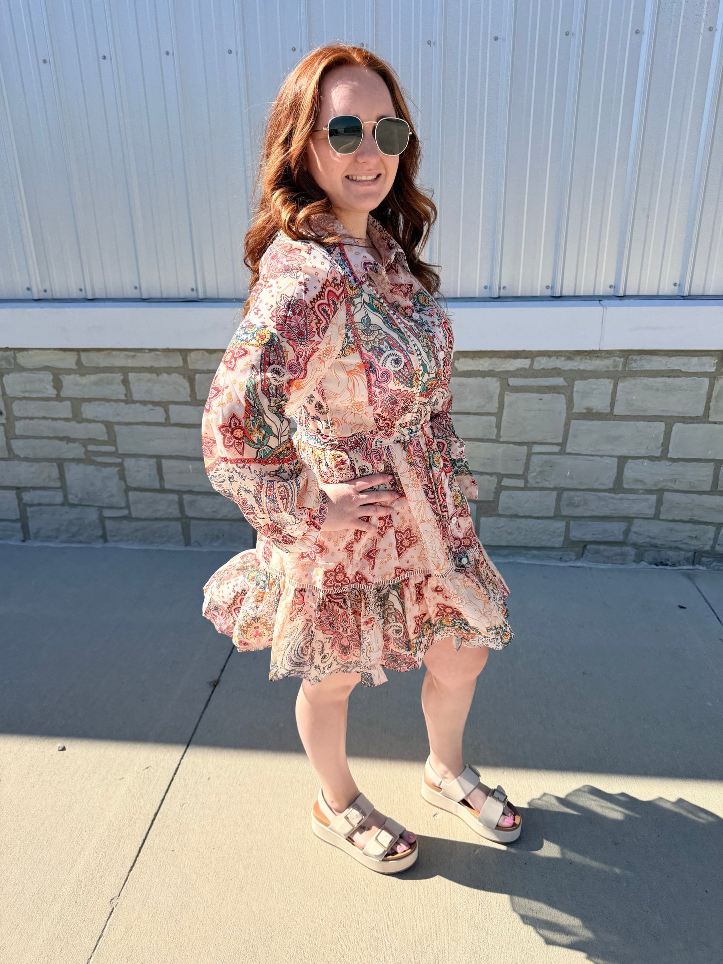 Pretty Paisley Long Sleeve Button Down Shirt Dress