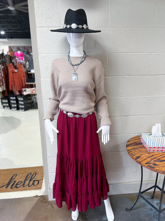 Burgundy Tiered Maxi Skirt