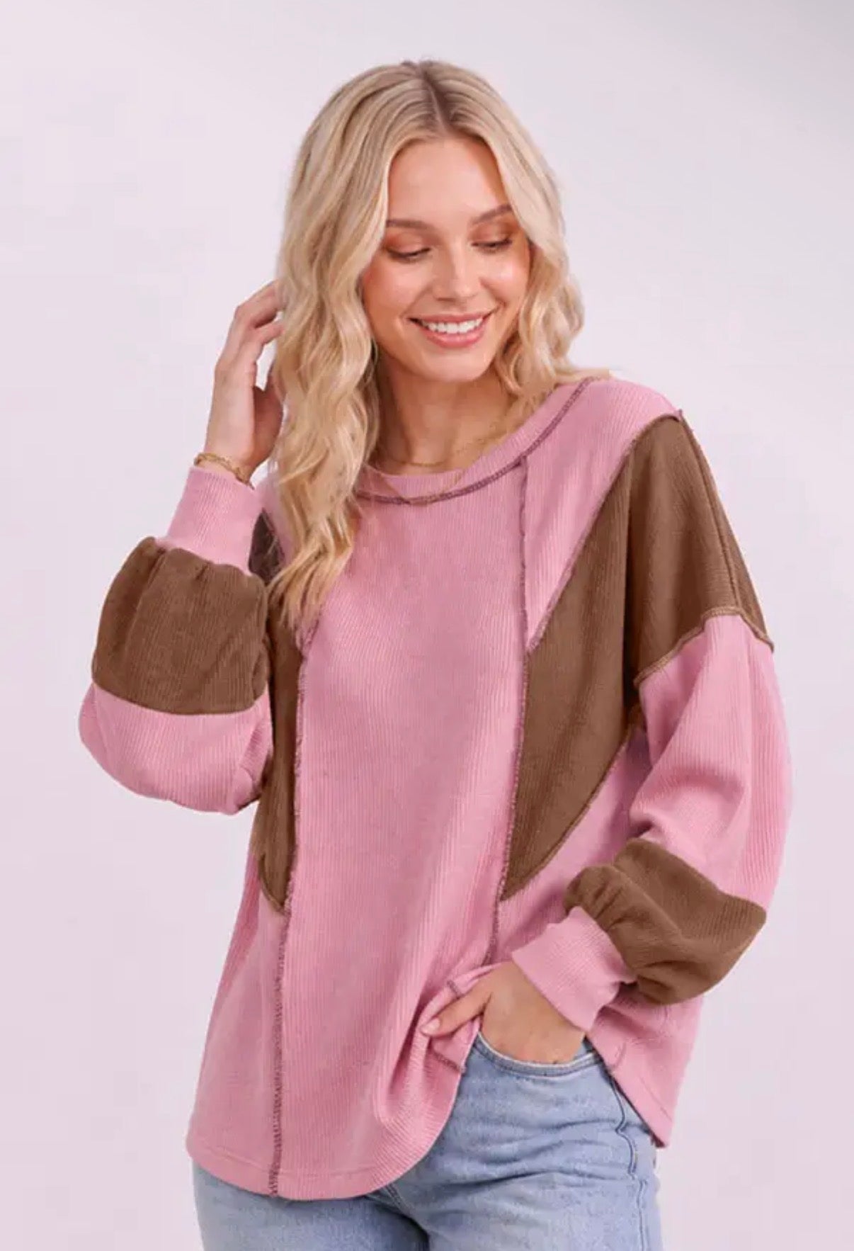 Pink + Brown Ribbed Colorblock Long Sleeve