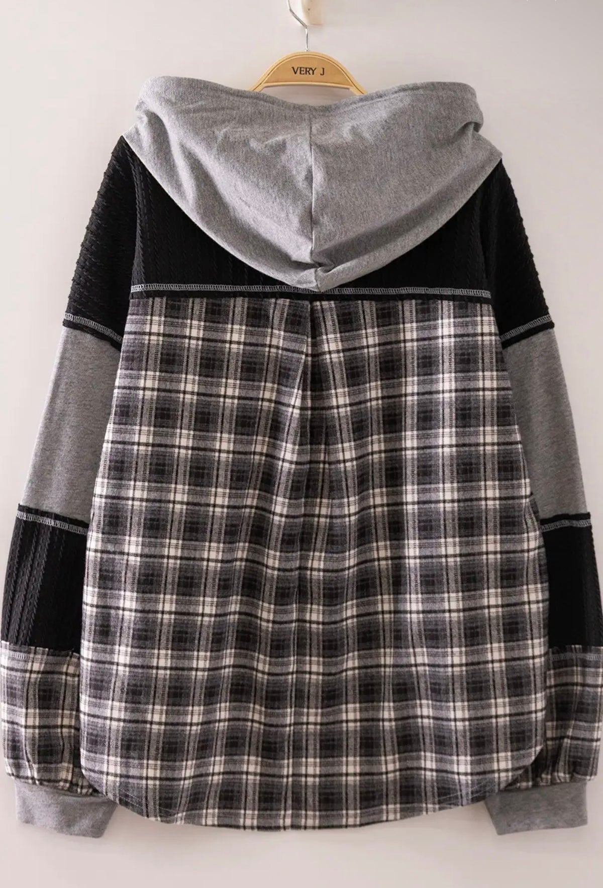 Grey + Black Plaid Contrast Hoodie