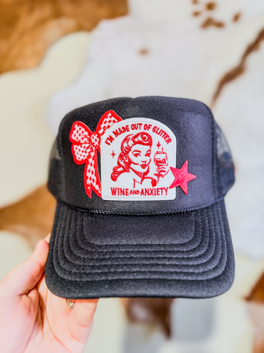 Glitter, Wine, & Anxiety Trucker Hat