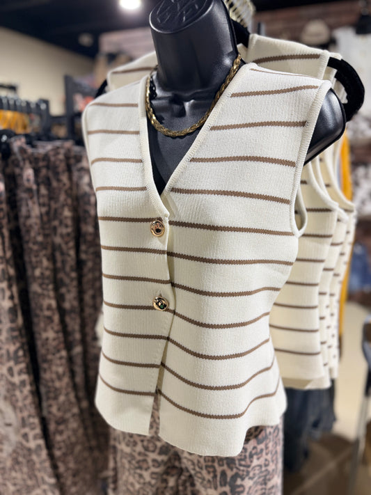 Taupe Striped Sleeveless Button Down Vest Top