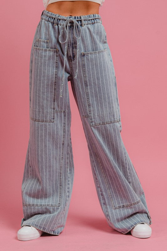 Vintage Striped Cargo Wide Leg Denim Pants