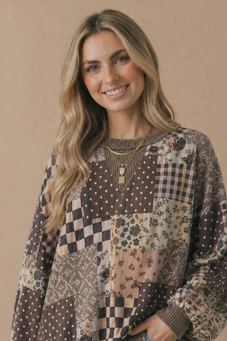 Brown Vintage Patchwork Crewneck Pullover