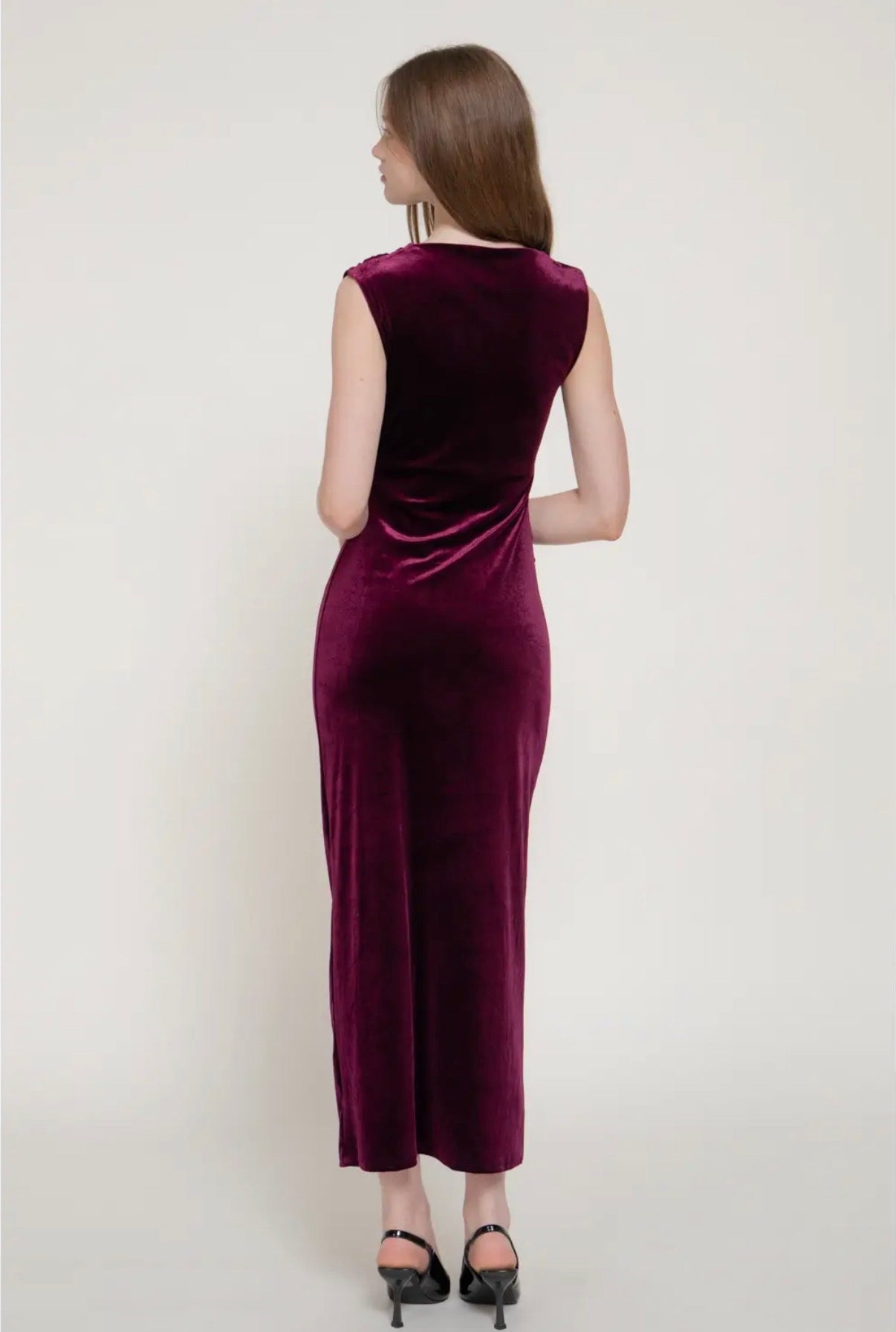 Wine Sleeveless Ruched Velvet Dress