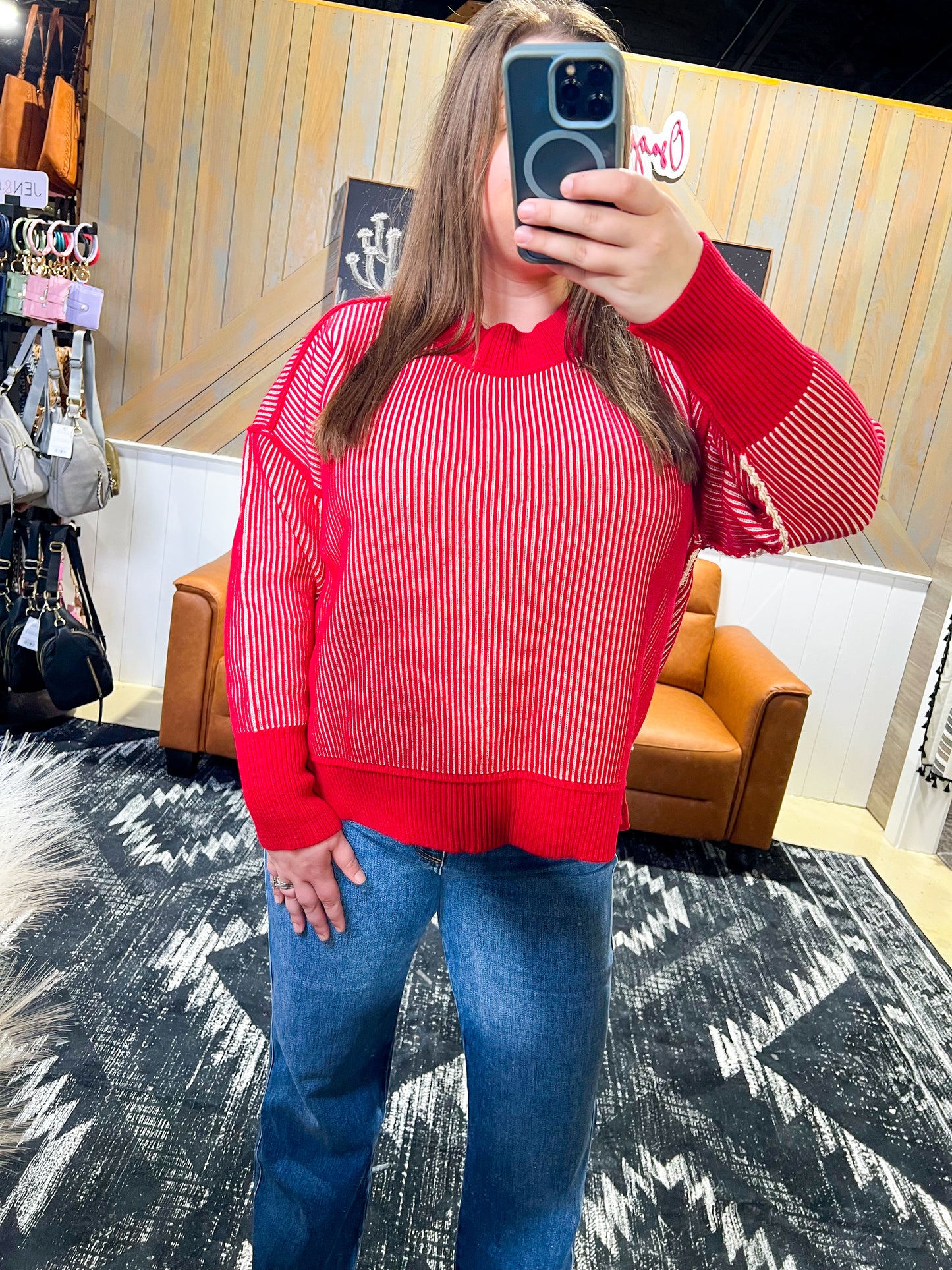 Dark Red Ribbed Two-Tone Sweater