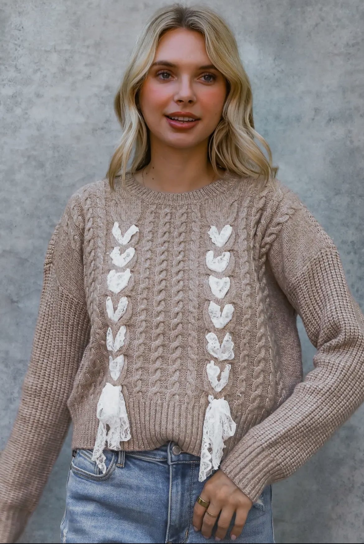 Taupe Lace Braid Bow Cable Knit Sweater