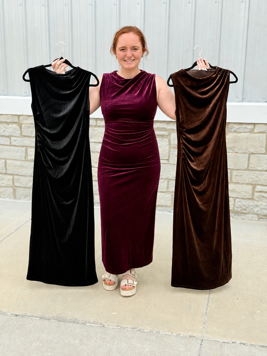 Wine Sleeveless Ruched Velvet Dress