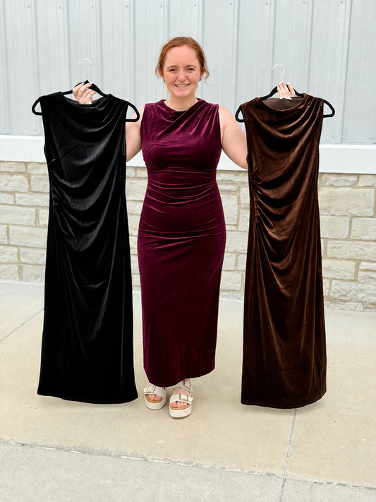 Wine Sleeveless Ruched Velvet Dress