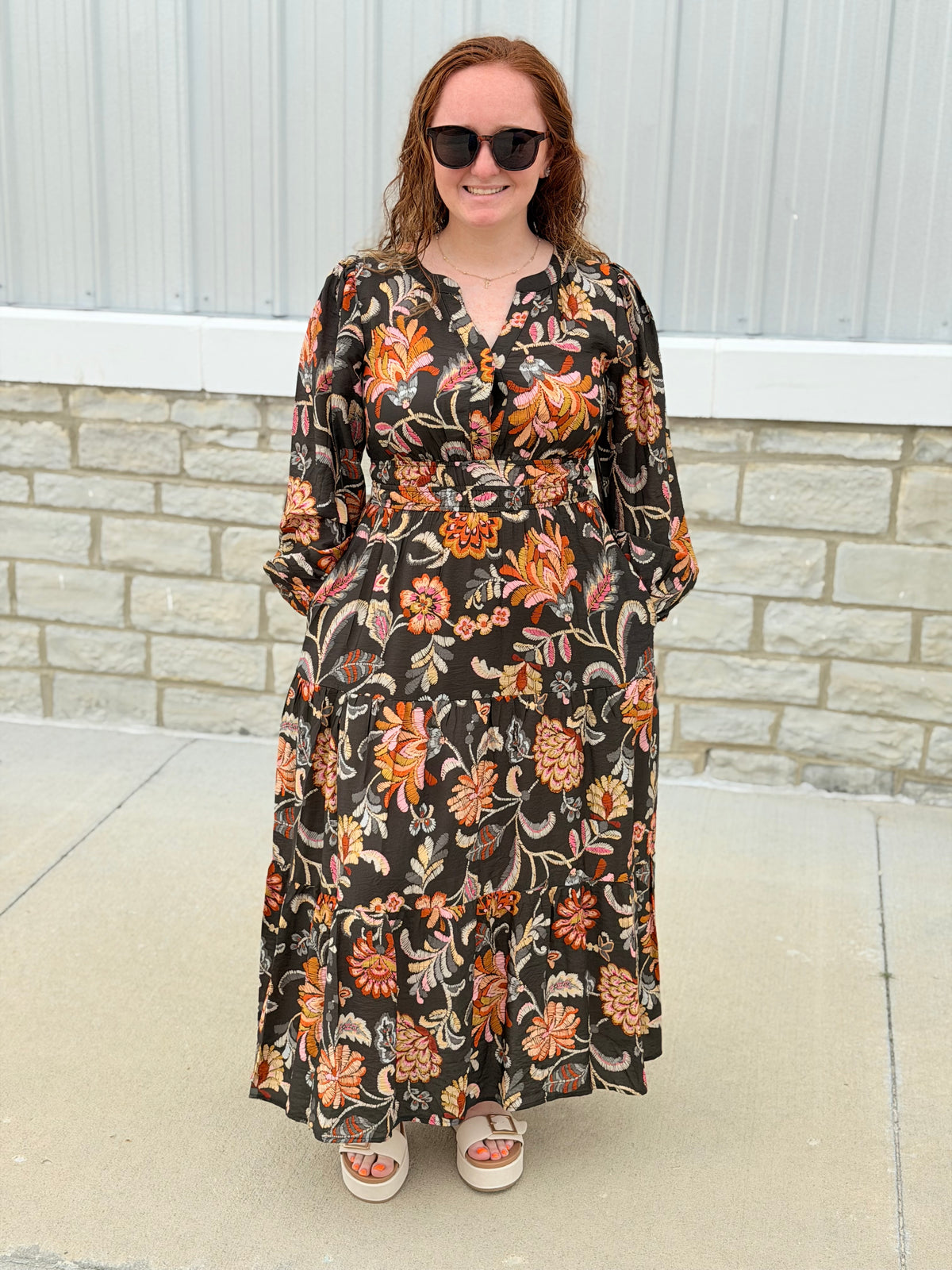 Charcoal Boho Floral Long Sleeve Maxi Dress