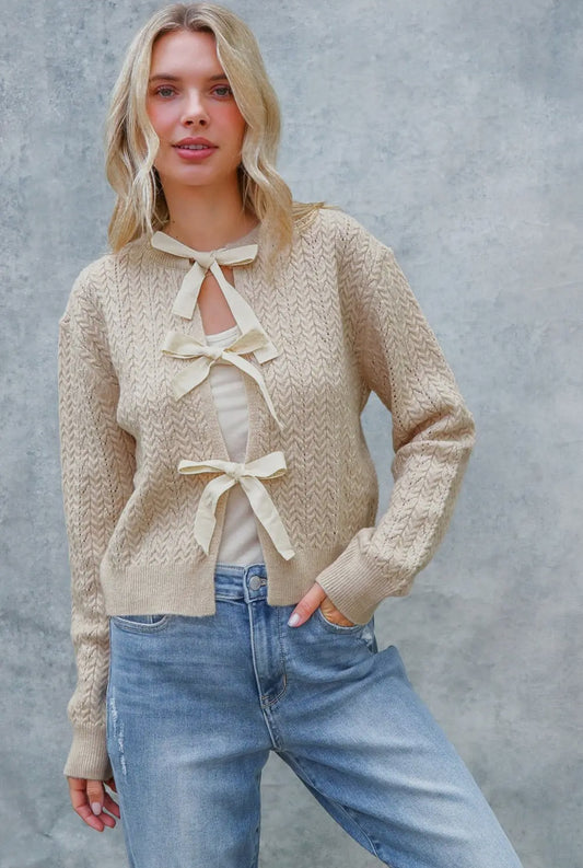 Oatmeal Bow Front Cable Knit Cardigan