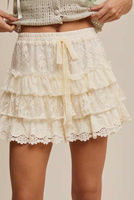 Cream Lace Tiered Ruffle Shorts