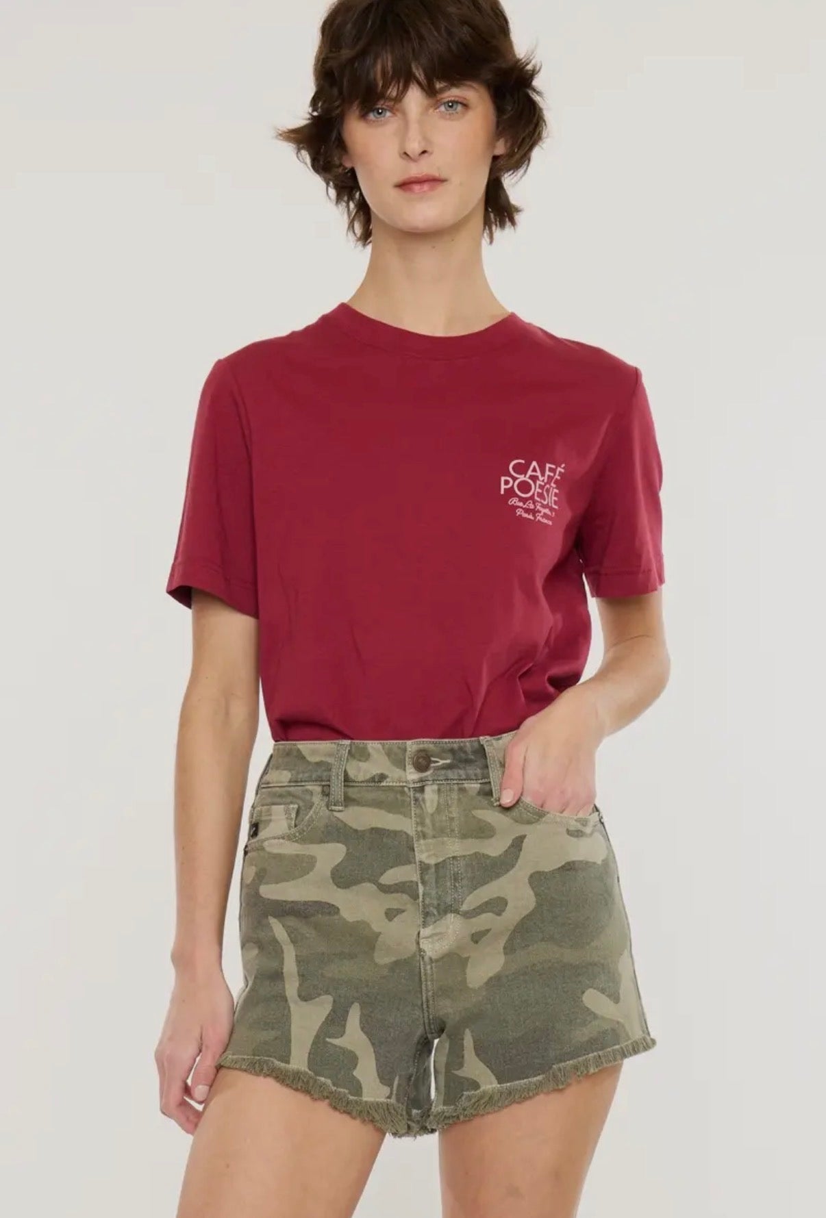 KanCan Quincy High Rise Camo Denim Shorts