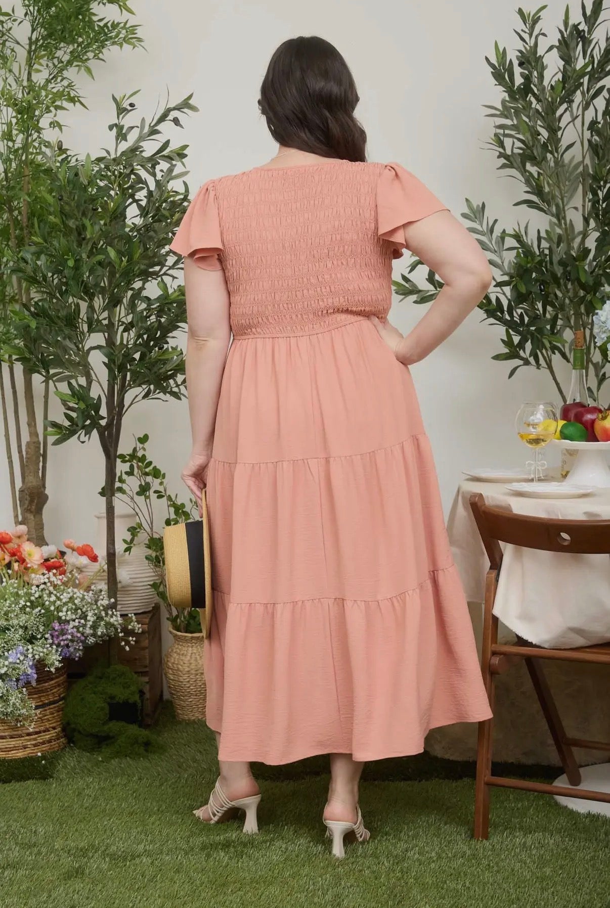 2XL Peach Smocked Flutter Sleeve Midi Dress