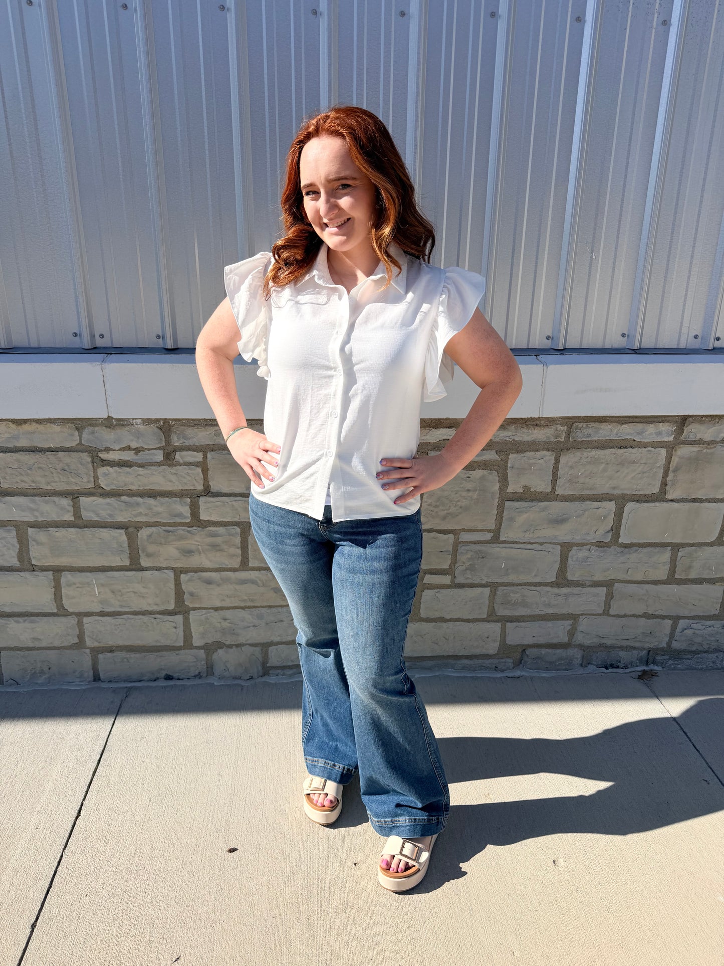 White Ruffle Sleeve Button Down Top